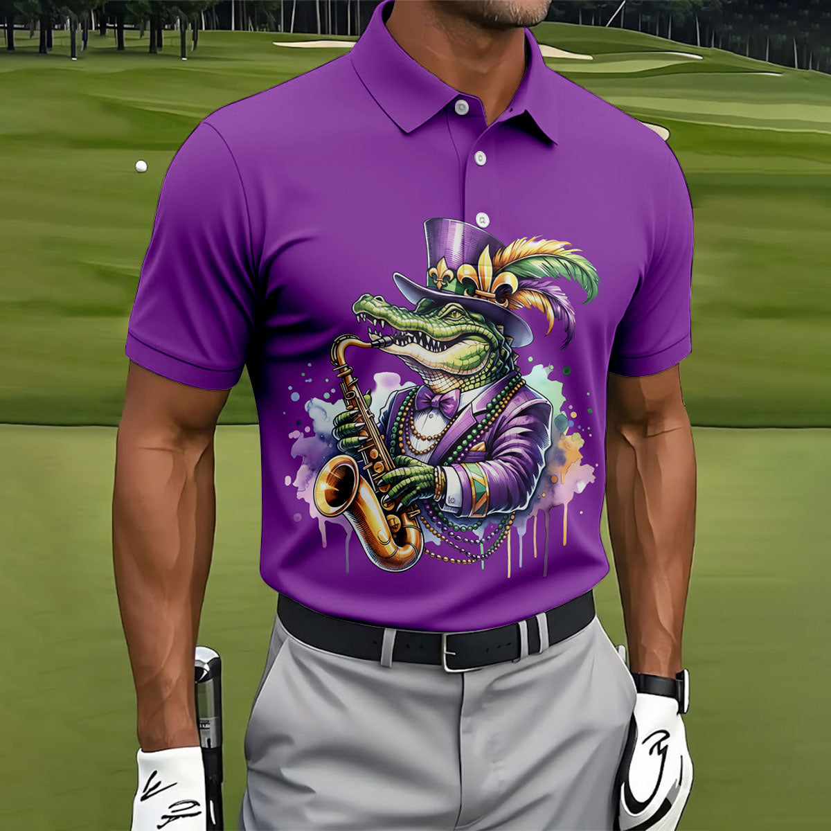 Mardi Gras Alligator Playing Saxophone Purple Golf Shirt, Golf Shirts For Men, Polo Shirts For Men