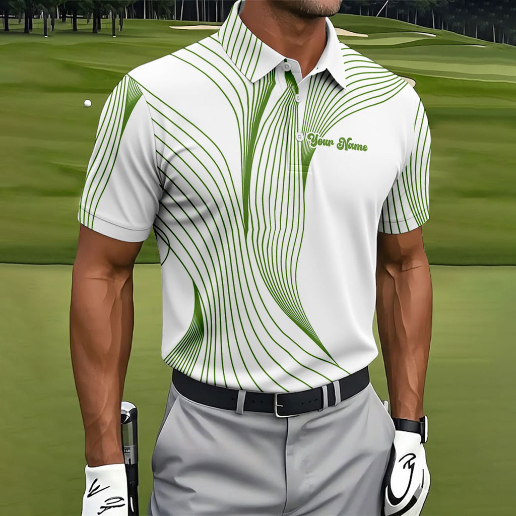 Geometric Line Wavy Line Green And White Custom Name Golf Shirts For Men, Men's Golf Shirt, Polo Shirts For Men