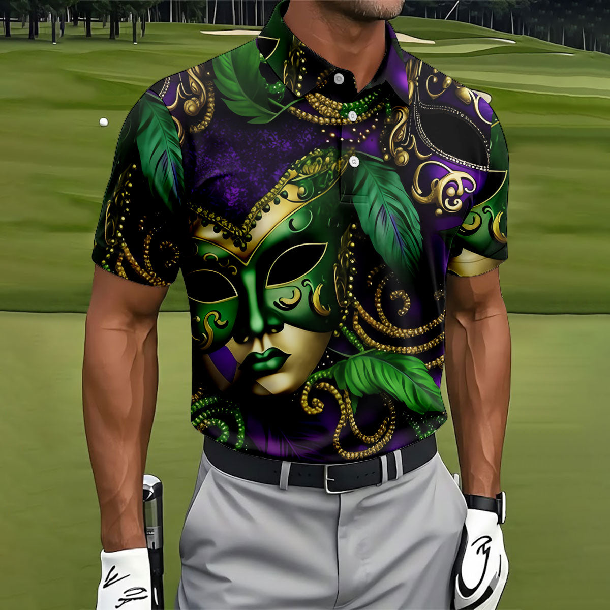 Purple Green Gold Carnival Mask Feather Print Mardi Gras Golf Shirt, Polo Shirts For Men, Golf Shirts For Men