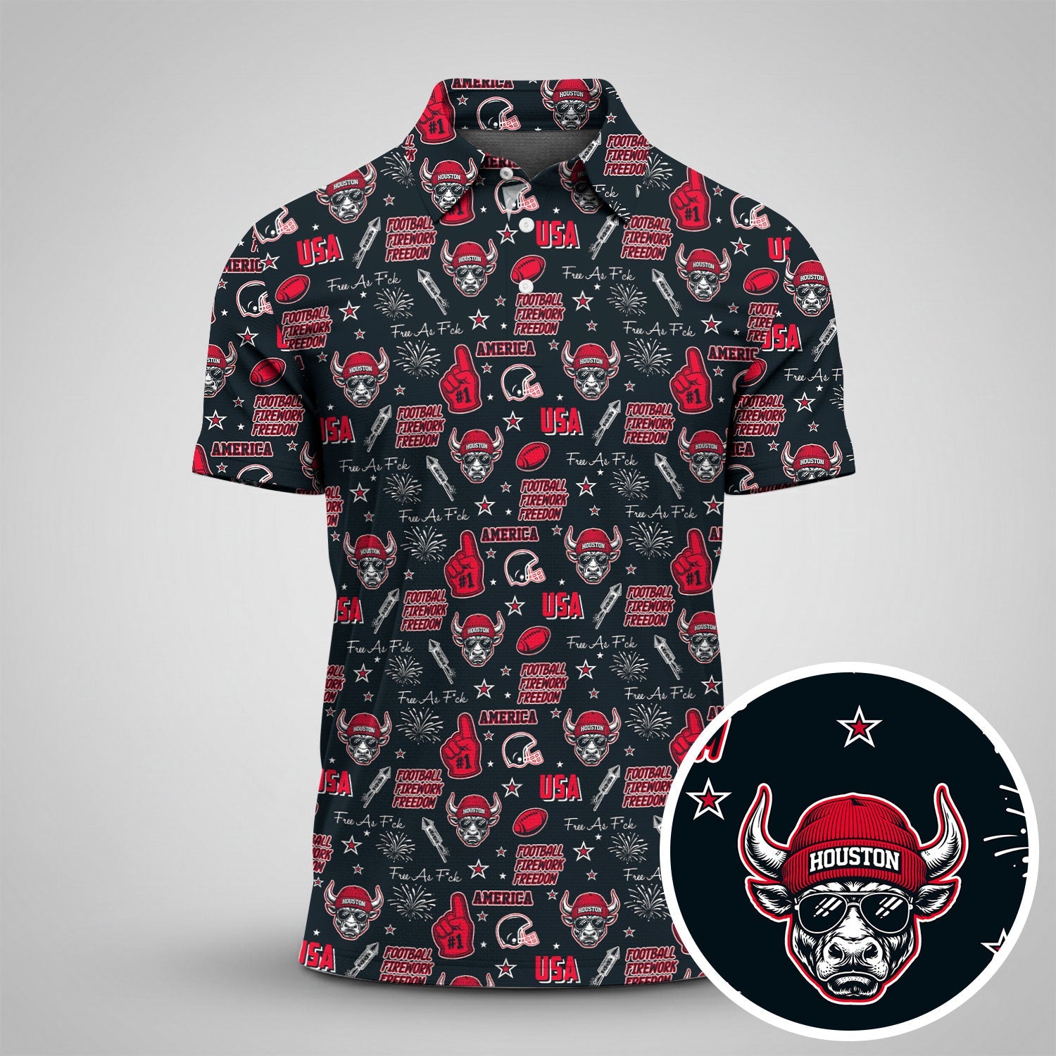 Fighting Bull Deep Steel Blue Battle Red Sport Polo, American Football League Gift Ideas For Football Fans