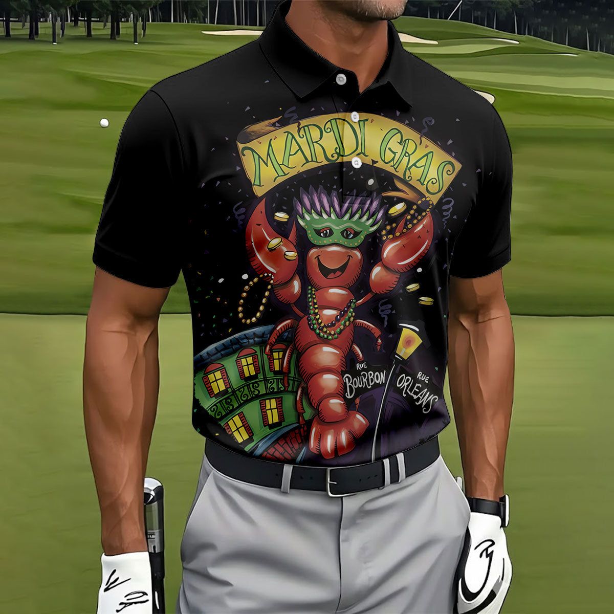 Mardi Gras Crawfish Rue Bourbon Black Golf Shirt, Polo Shirts For Men, Golf Shirts For Men