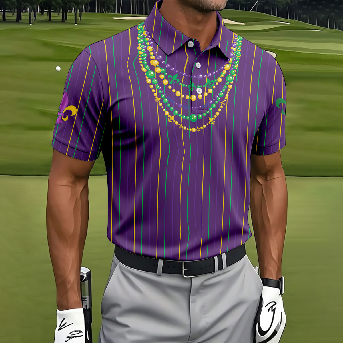 Mardi Gras Beads Necklaces Print Purple Golf Shirt, Golf Tops For Men, Polo Shirts For Men, Golf Shirts For Men
