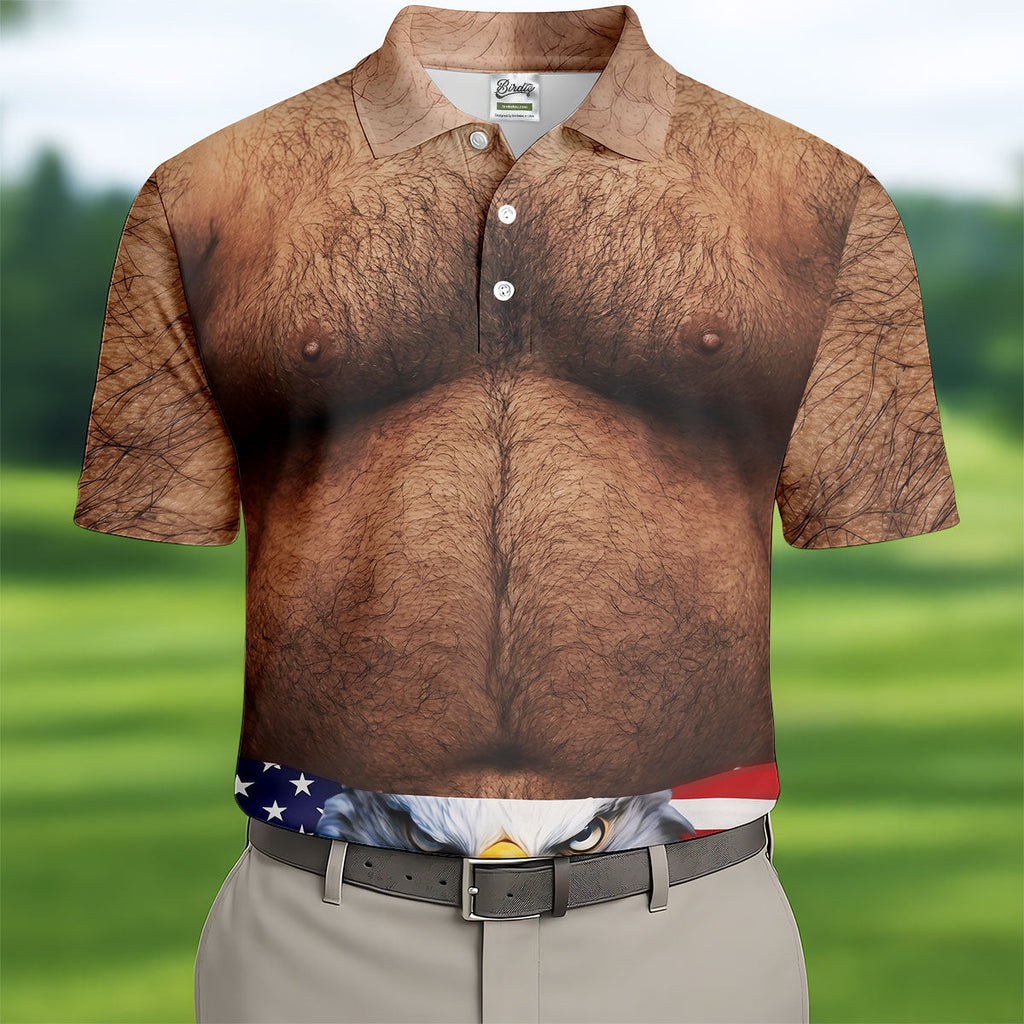 Hairy Body Funny Eagle American Flag Golf Shirt, 250th Anniversary 4th Of July Golf Shirts For Men