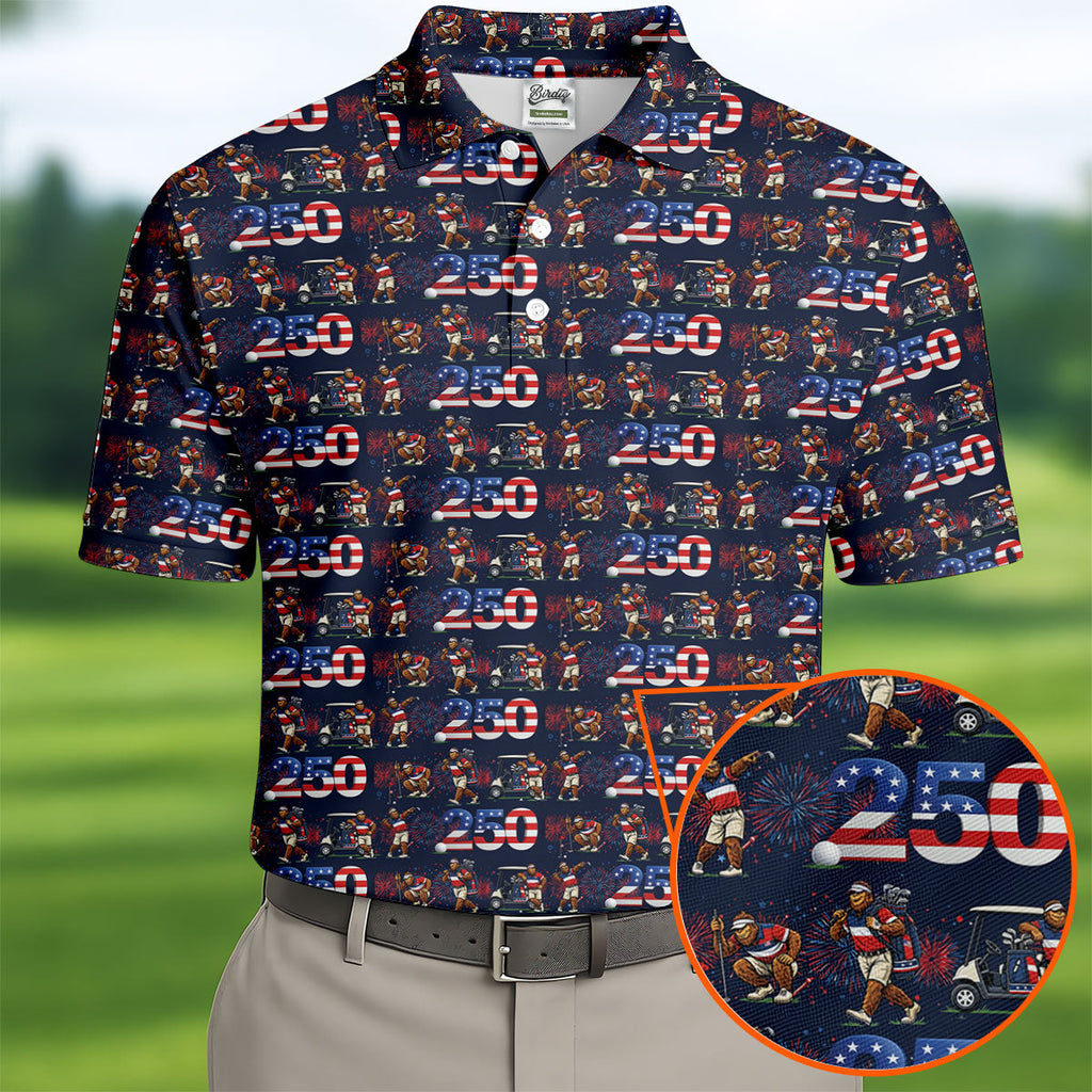 Funny Bigfoot Golf Pose Patriotic 4th Of July Black Golf Shirt, 250 Years Golf Shirts For Men