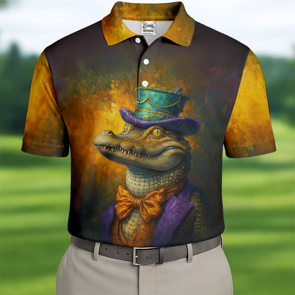 Mardi Gras Aligator Retro Golf Shirt, Golf Tops For Men, Polo Shirts For Men, Golf Shirts For Men