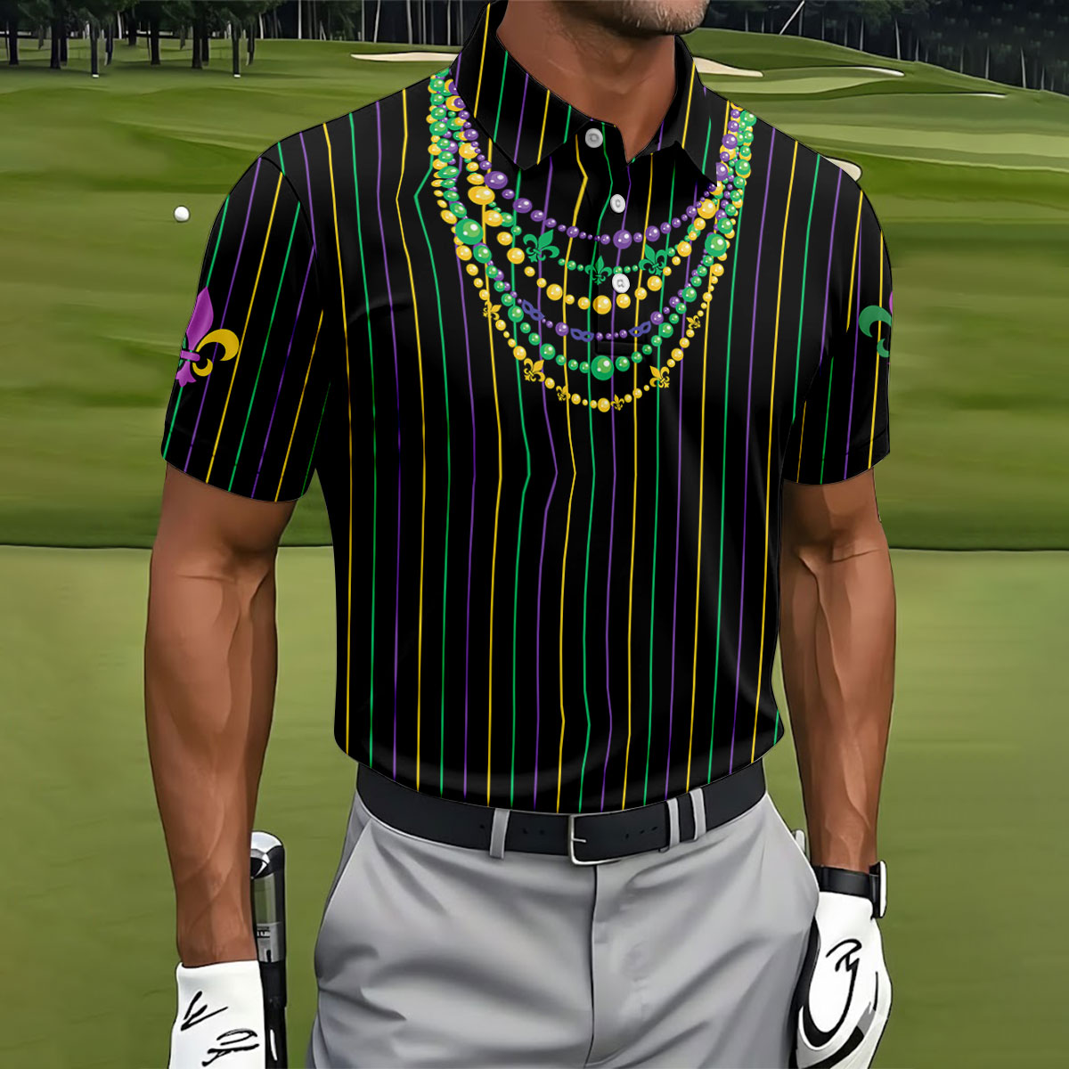 Mardi Gras Beads Necklaces Print Black Golf Shirt, Golf Tops For Men, Polo Shirts For Men, Golf Shirts For Men
