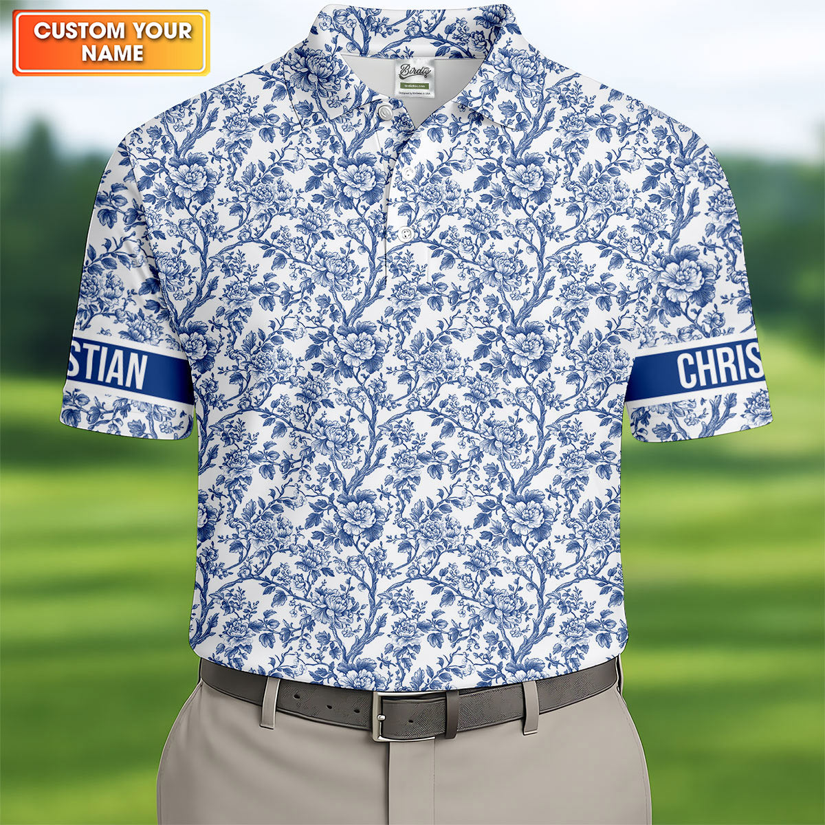 Toile De Jouy Blue Golf Shirt, Golf Tops For Men, Polo Shirts For Men, Golf Gift For Men, Golf Shirts For Men