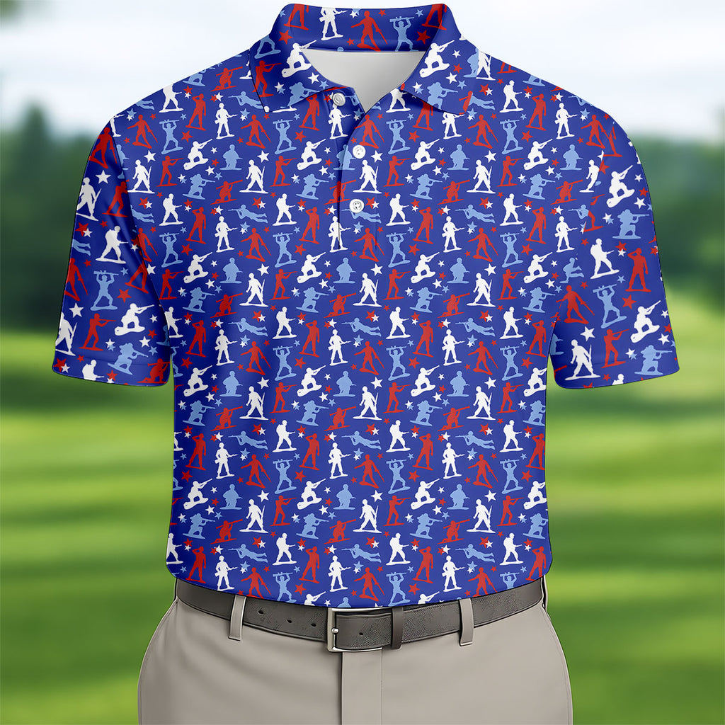Red White Blue Soldier Pose Patriotic 4th Of July Golf Shirt, 250th Anniversary Golf Shirts For Men