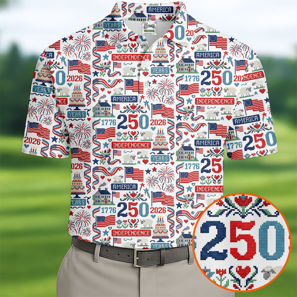 America Independence 250 Years White Golf Shirt, Patriotic 4th Of July Golf Shirts For Men