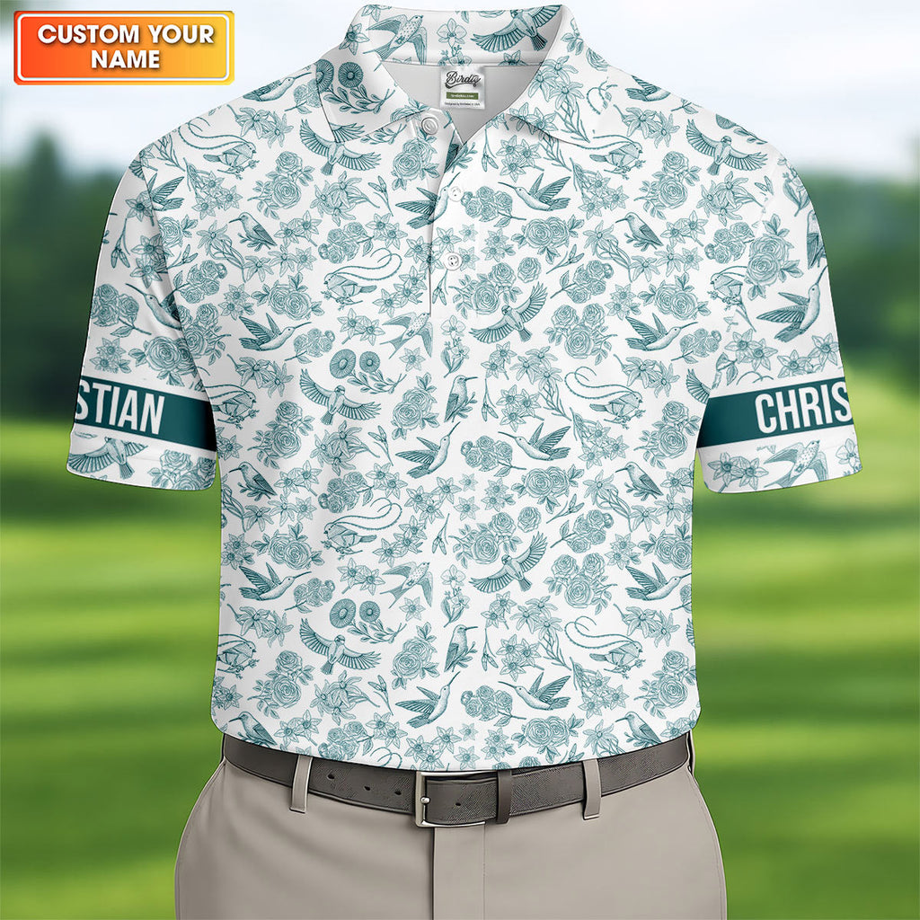 Custom Name Toile de Jouy Birds And Flowers Teal And White Polo Shirts For Men, Golf Gift For Men
