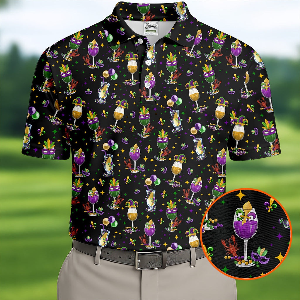 Mardi Gras Wine Glass Beaded Garland Fleur De Lis Black Golf Shirt, Polo Shirts For Men, Golf Shirts For Men