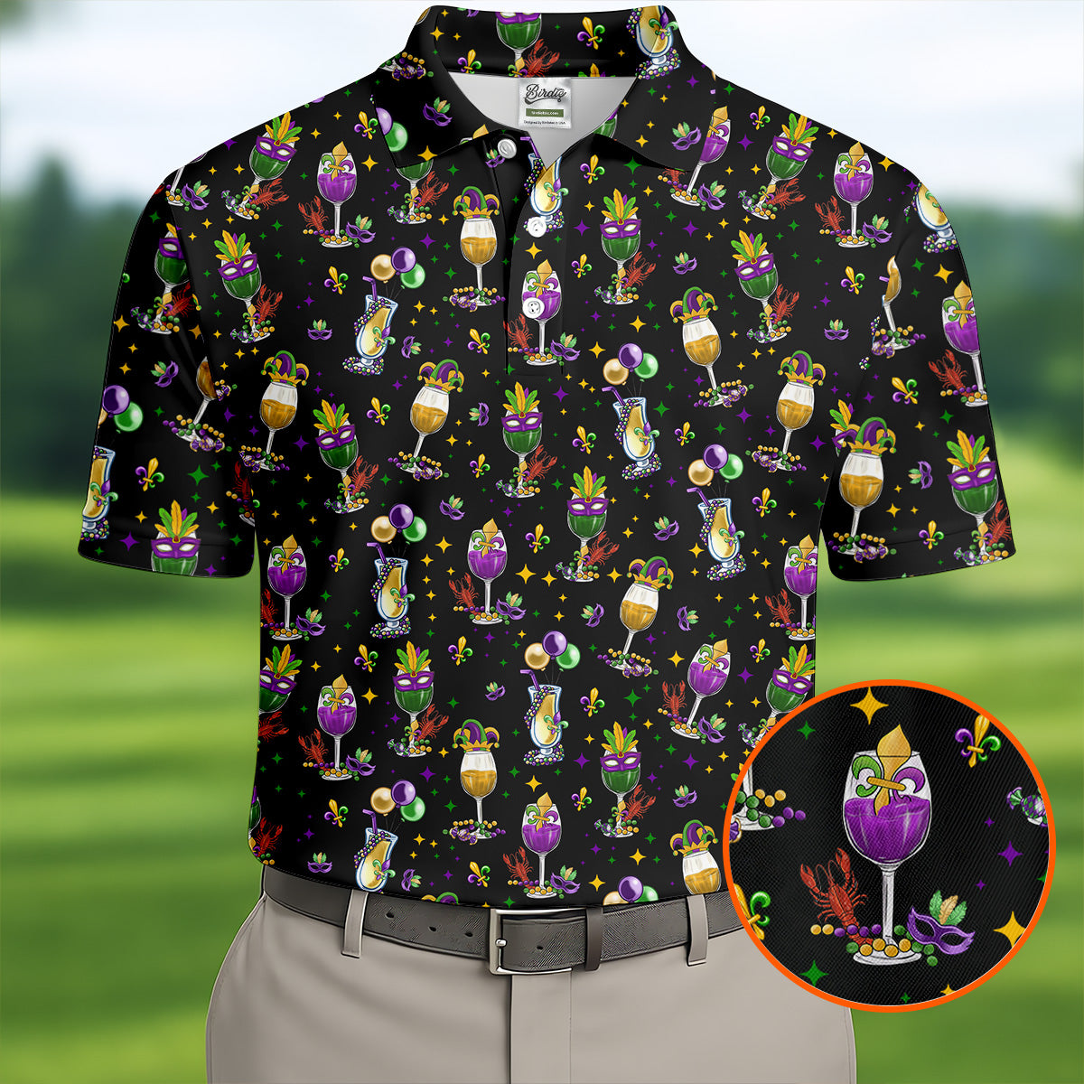 Mardi Gras Wine Glass Beaded Garland Fleur De Lis Black Golf Shirt, Polo Shirts For Men, Golf Shirts For Men