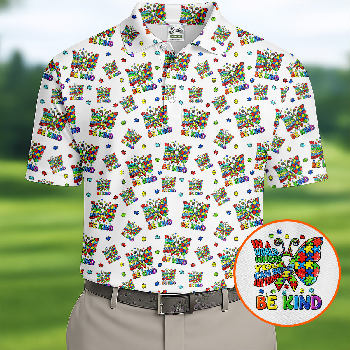 In A World Where You Can Be Anything Be Kind Rainbow Butterfly Autism Awareness White Golf Shirt, Golf Shirts For Men