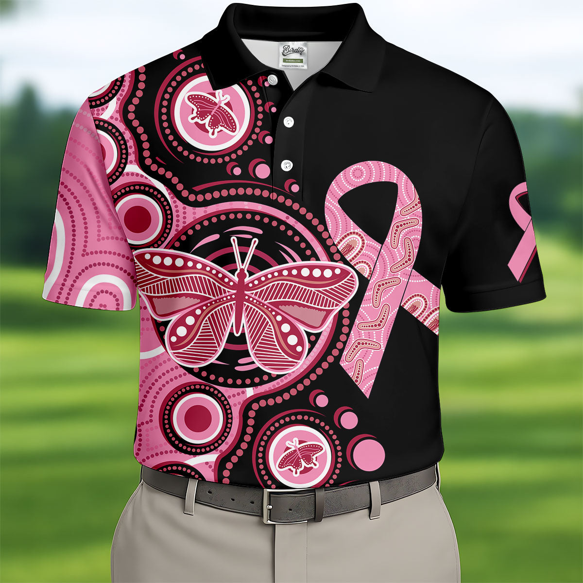 Breast Cancer Pink Butterfly Golf Tops For Men, Cancer Awareness Shirt, Polo Shirts For Men