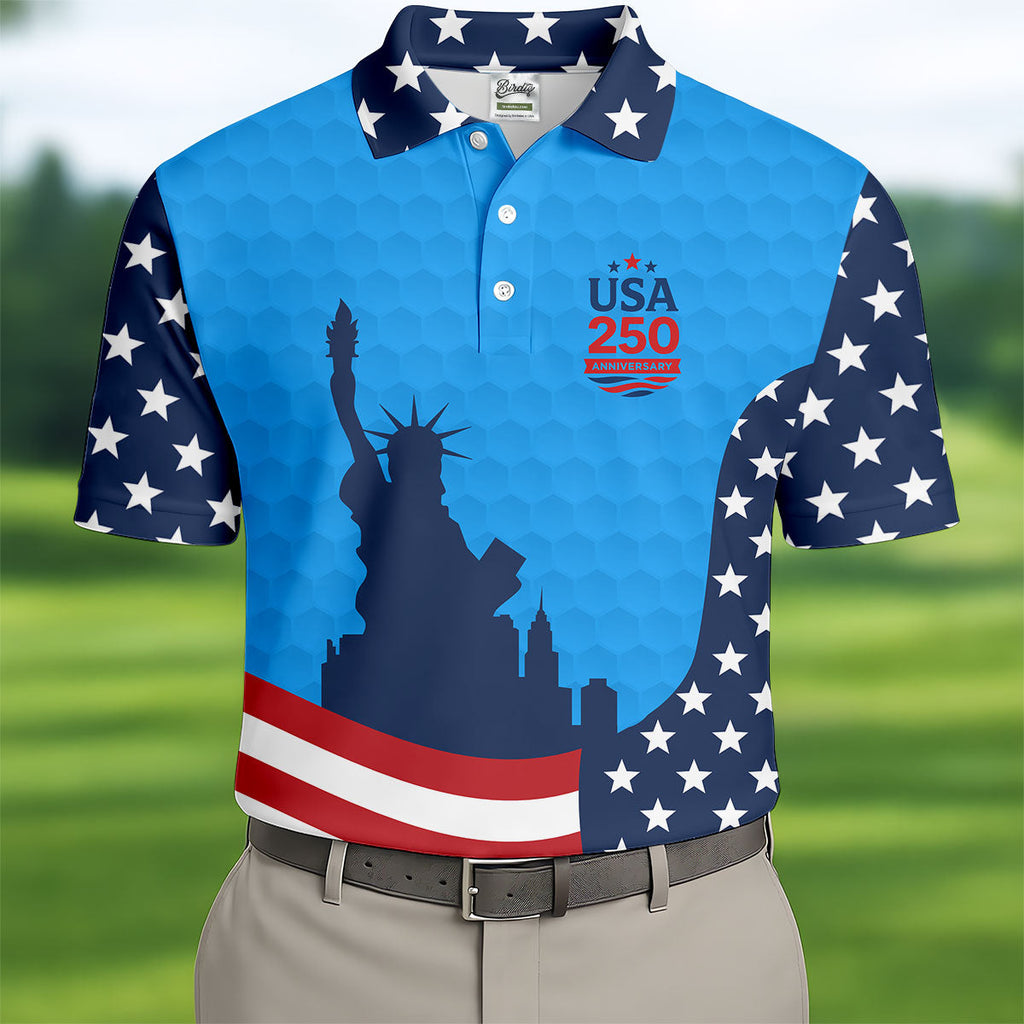 USA 250 Anniversary Statue Of Liberty Blue Golf Shirt, Patriotic Golf Shirt, 4th Of July Golf Shirts For Men