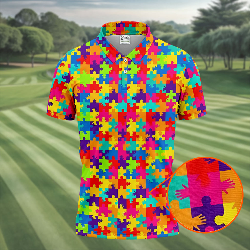 Colorful Handprints Autism Awareness Puzzle Golf Tops For Men, Polo Shirts For Men, Golf Shirts For Men