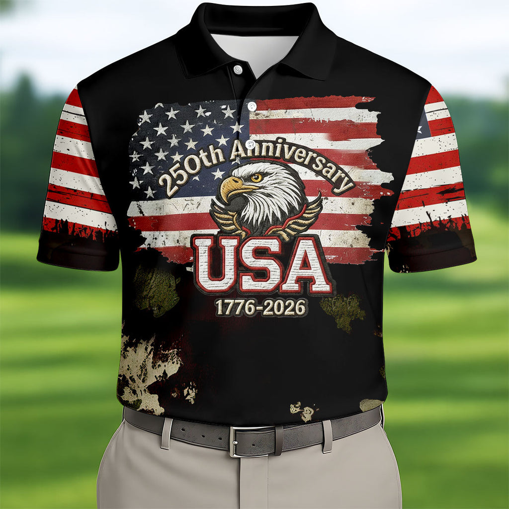 250th Anniversary USA 1776-2026 Distressed Flag Men's Golf Polo Shirt, Patriotic 4th Of July Golf Shirt