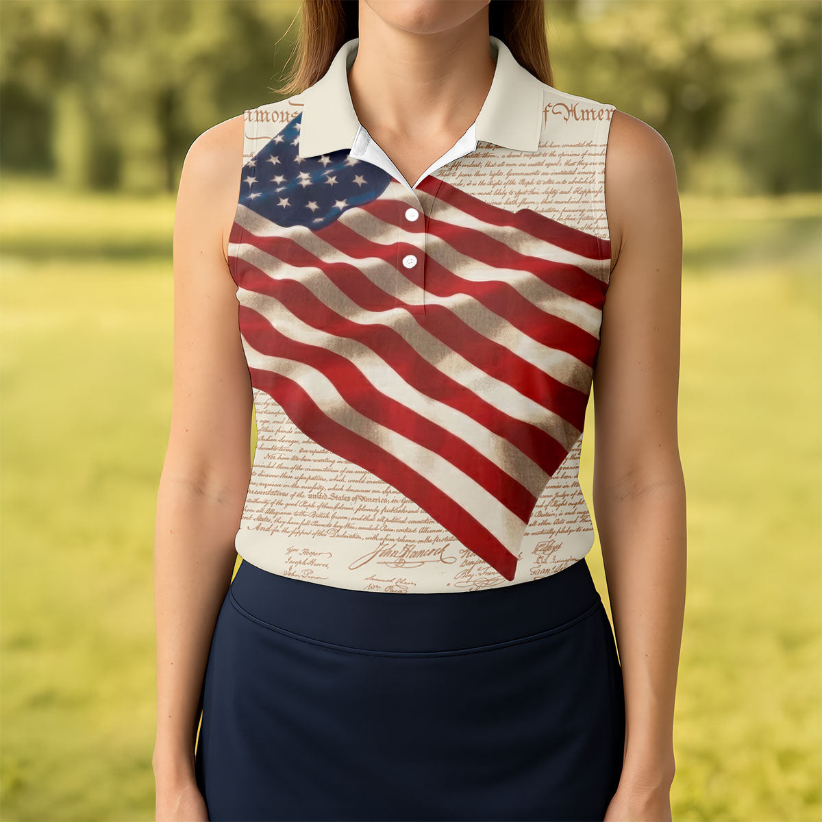Patriotic American Flag Declaration Of Independence 4th Of July Beige Golf Shirt, 250th Anniversary Ladies Golf Shirts