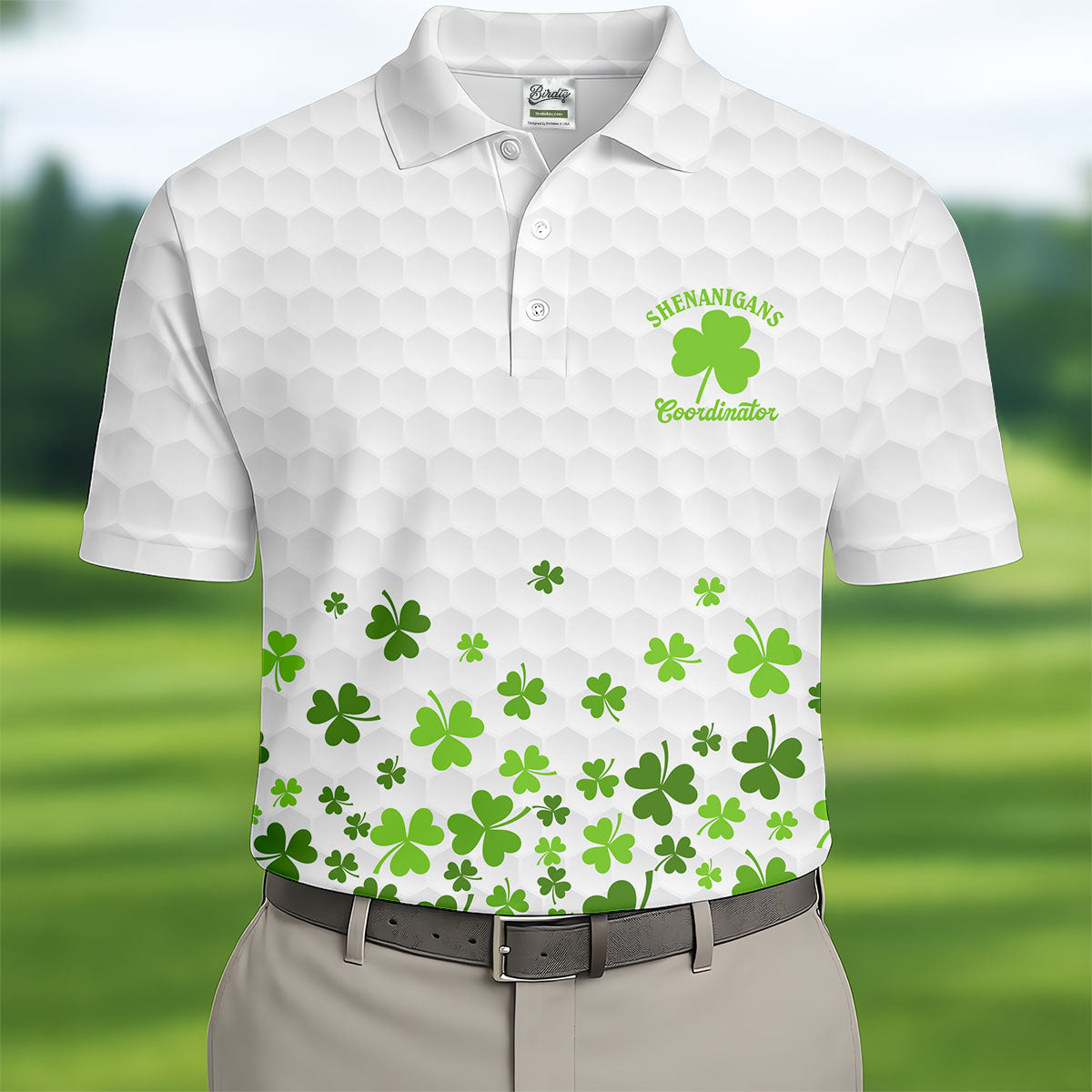 Shenanigans Coordinator Golf Ball Pattern St Patrick Day White Golf Shirt, Golf Tops For Men, Golf Shirts For Men