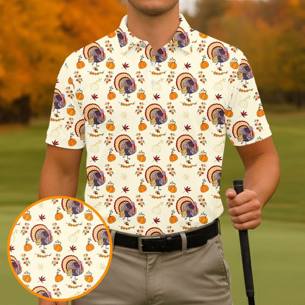 Turkey Pumpkin Thanksgiving Holiday Beige Golf Tops For Men, Polo Shirts For Men, Golf Gift For Men, Golfing Apparel