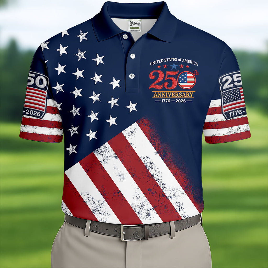 USA 250th Anniversary American Flag Men Golf Shirt, 4th Of July Polo ShirtFor Men