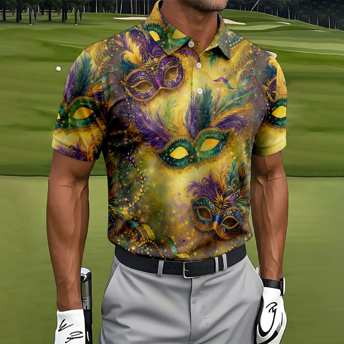 Masquerade Mask Beads Chain Sparkling Effect Mardi Gras Golf Shirt, Polo Shirts For Men, Golf Shirts For Men