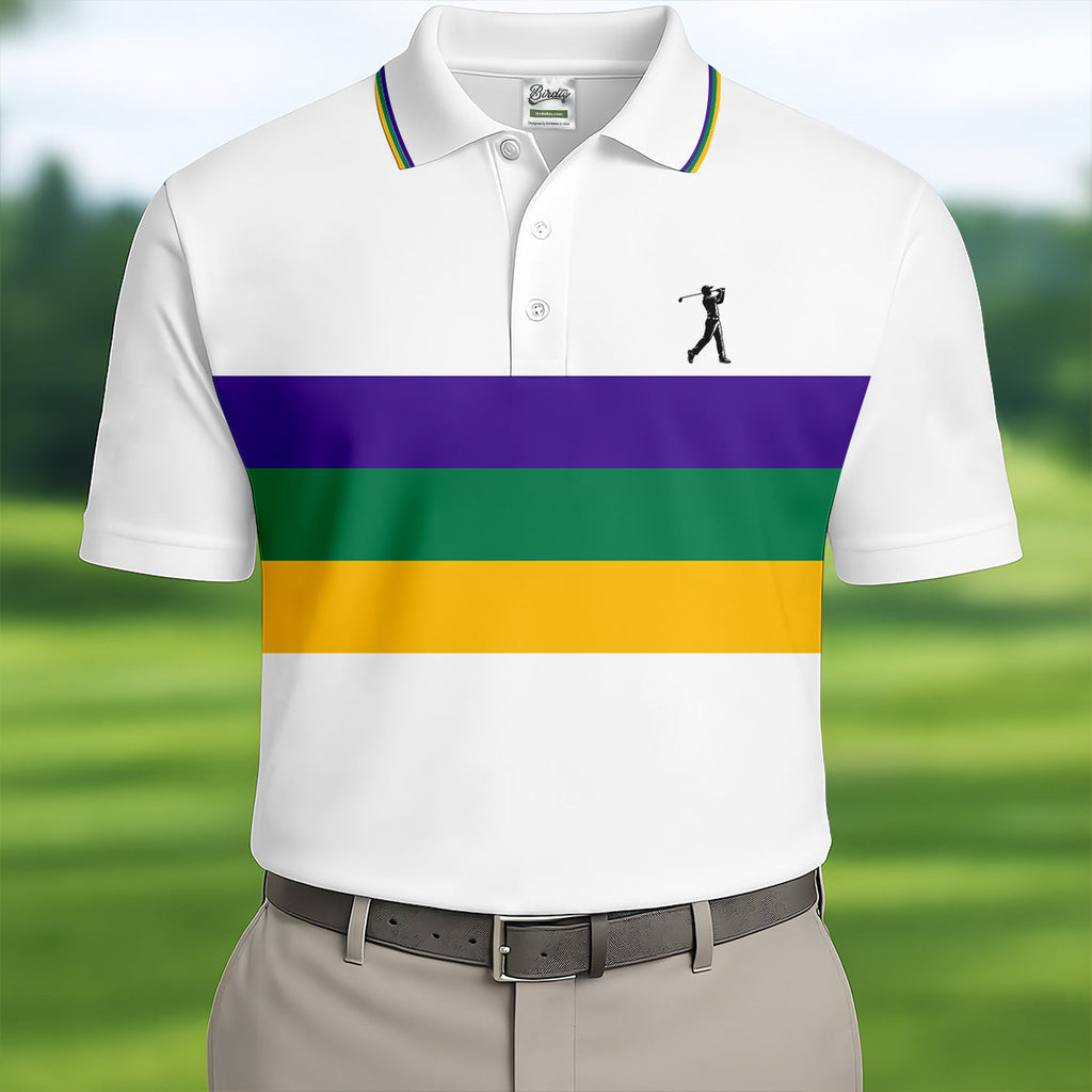 Mardi Gras Purple Green Gold Horizontal Stripes White Golf Shirt, Golf Tops For Men, Polo Shirts For Men
