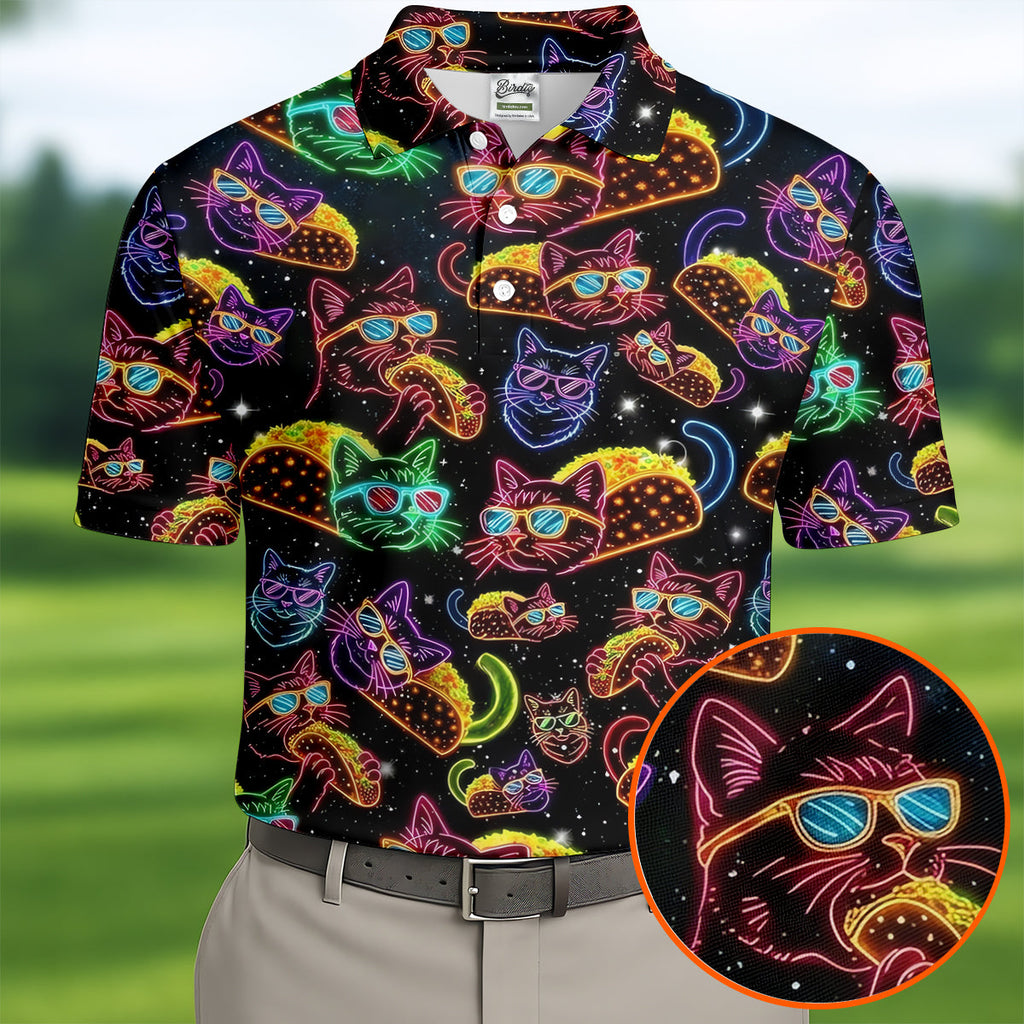 Neon Cat Taco Fiesta Time Hawaiian Golf Shirt, Cinco De Mayo Celebration Golf Shirts For Men