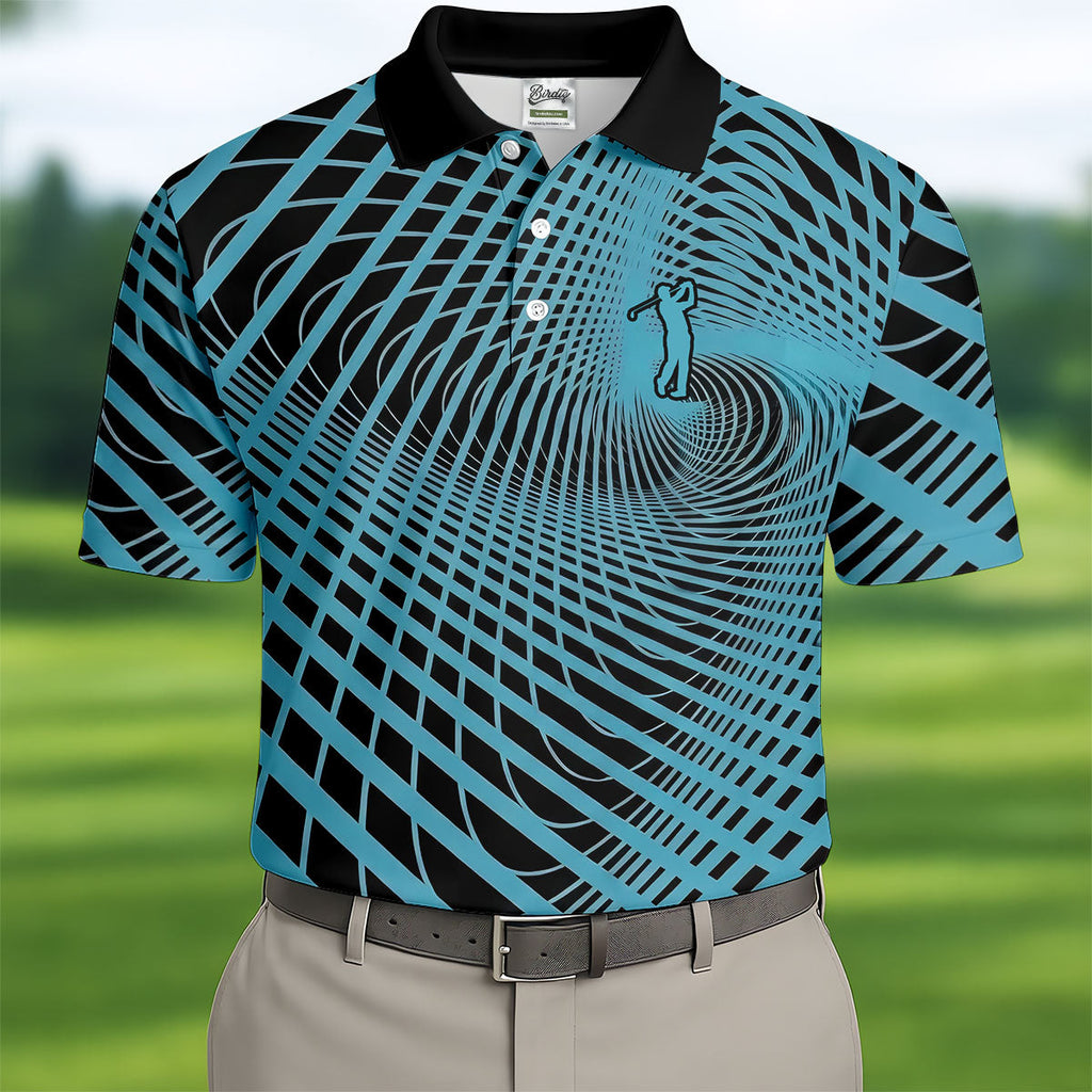 Swirling Vortex Black And Light Blue Golf Shirts For Men, Polo Shirts For Men, Golfing Apparel