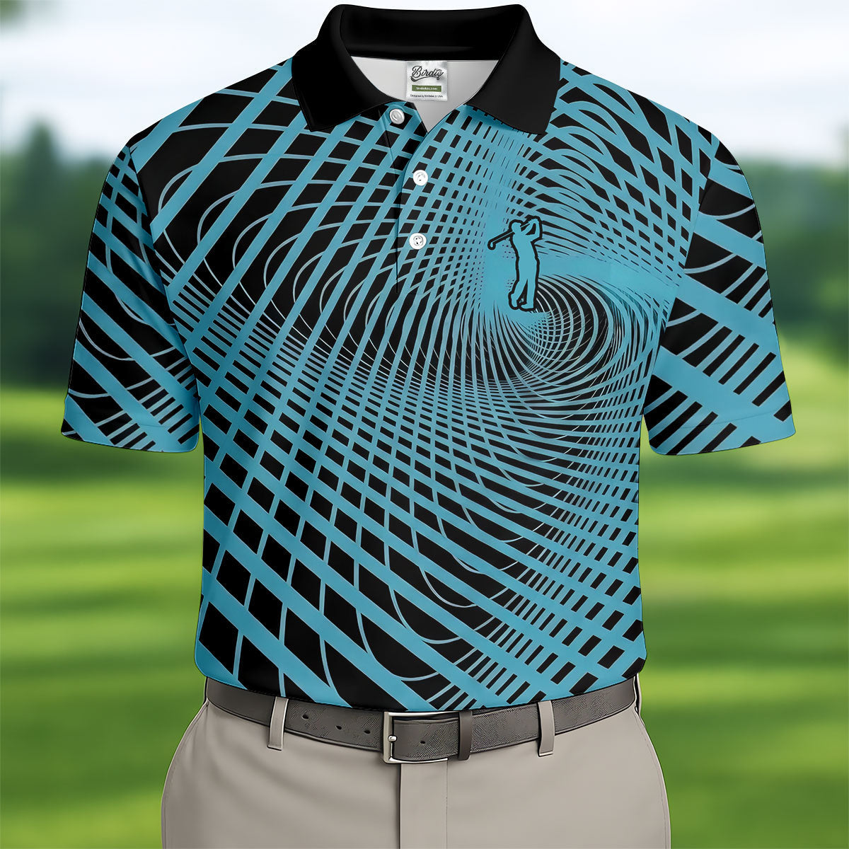 Swirling Vortex Black And Light Blue Golf Shirts For Men, Polo Shirts For Men, Golfing Apparel