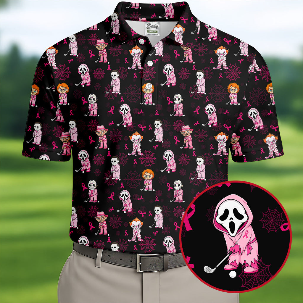 Black Halloween Horror Breast Cancer Polo Shirt, Men's Golf Shirt, Printed Golf Shirts