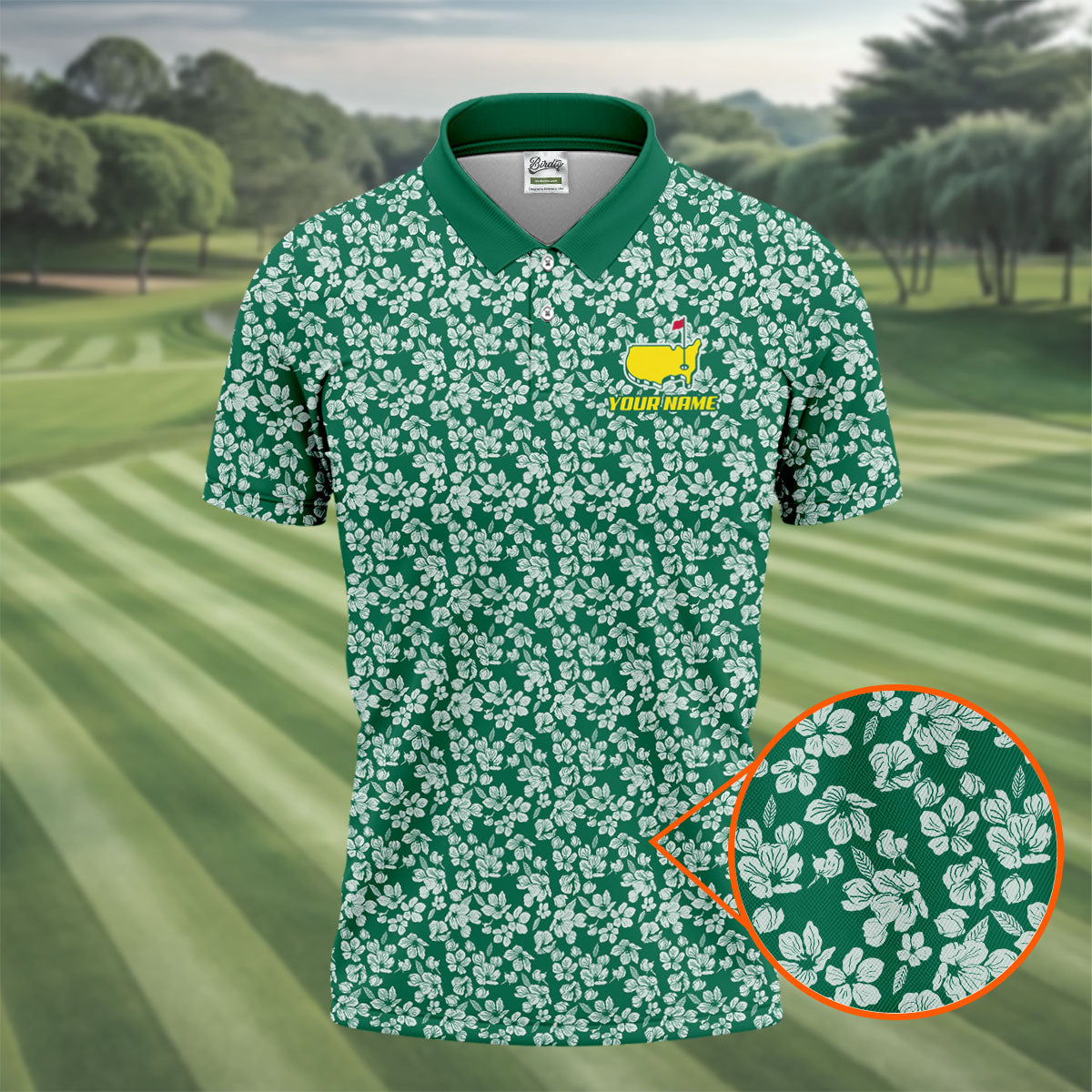 Floral Silhouette Green And White Golf Tops For Men, Golf Shirts For Men, Polo Shirts For Men