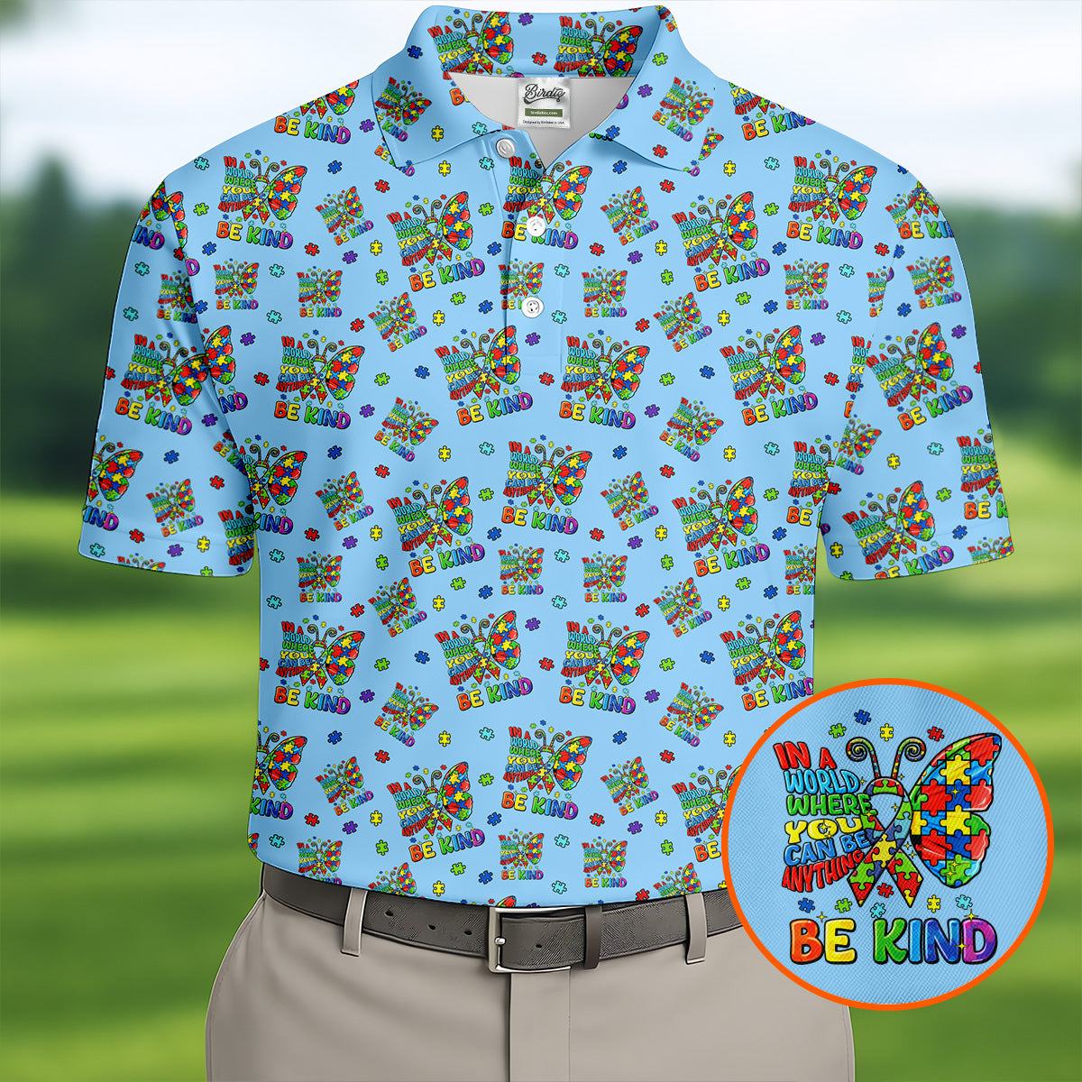In A World Where You Can Be Anything Be Kind Rainbow Butterfly Autism Awareness Blue Golf Shirt, Golf Shirts For Men