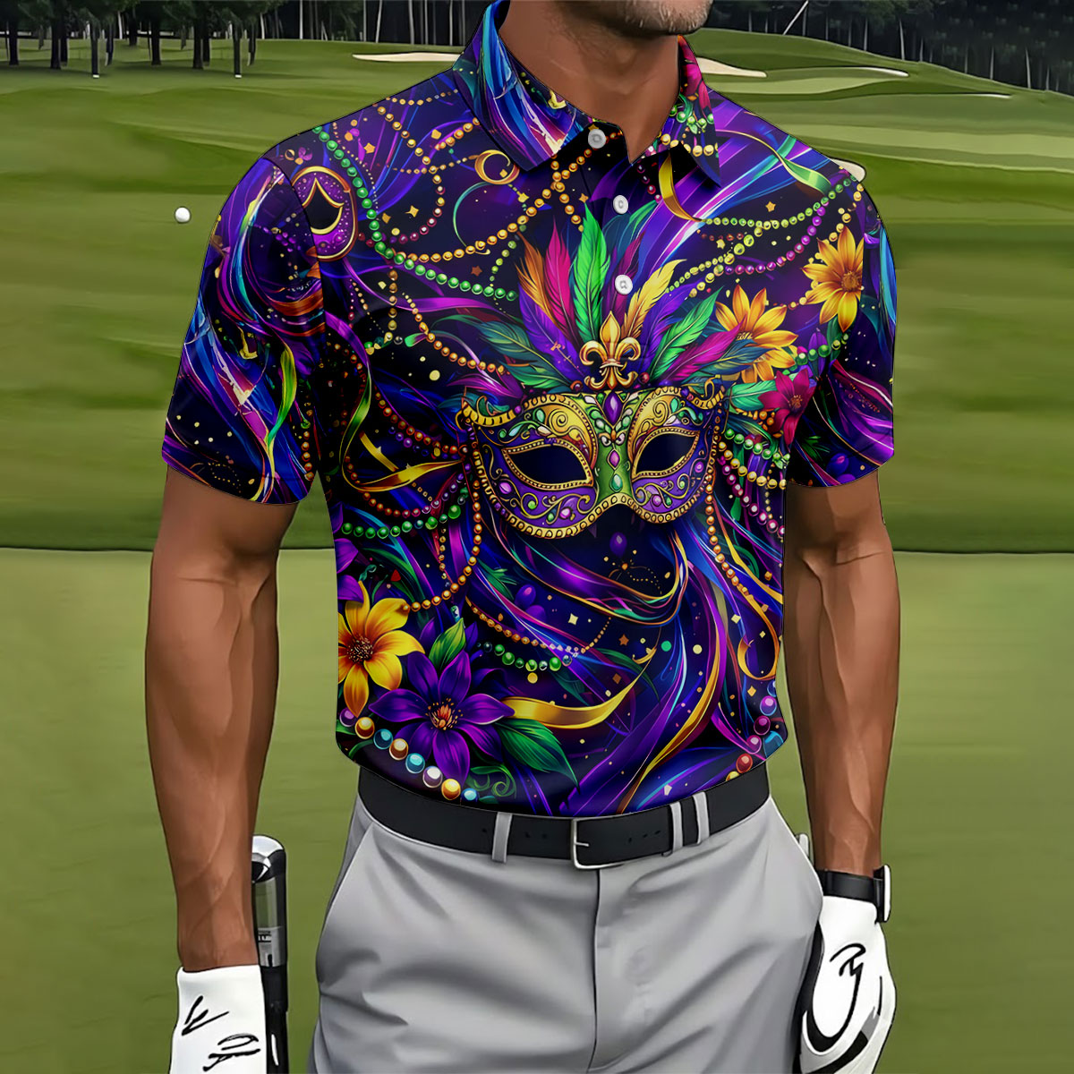 Mardi Gras Beads Ribbons Feather Masquerade Mask Print Golf Shirt, Golf Polo Shirts, Golf Tops For Men