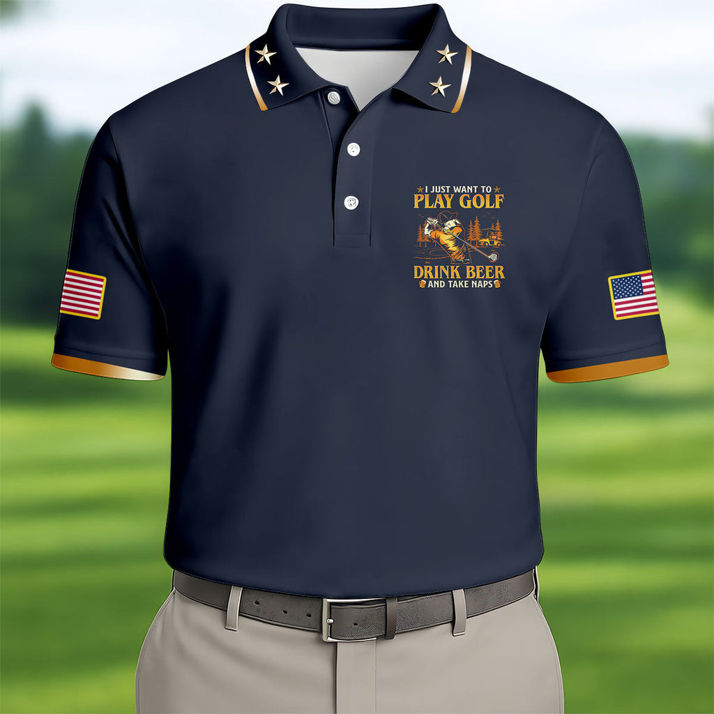 I Just Want To Play Golf Drink Beer And Take Naps Navy Golf Shirt, Men's Funny Golf Shirts