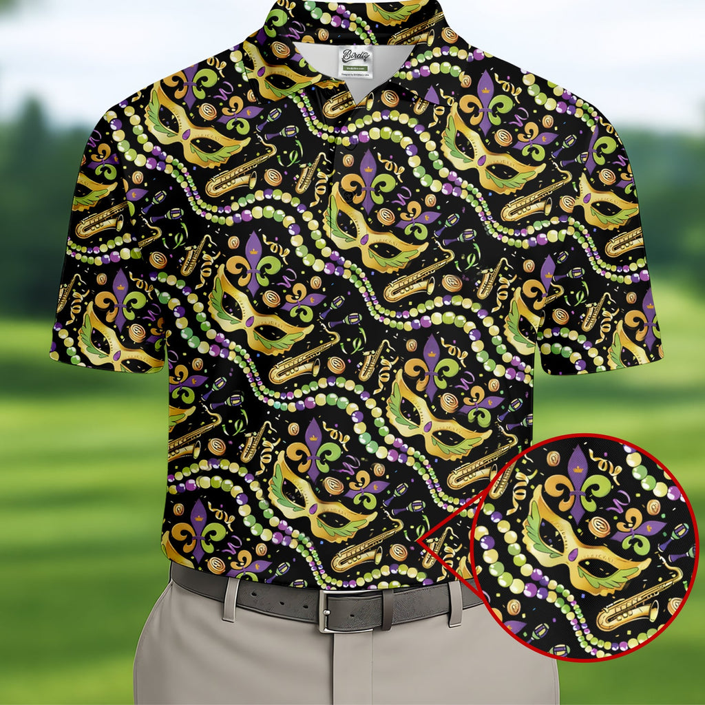 Gold Masquerade Mask Beads String Mardi Gras Golf Shirt, Polo Shirts For Men, Golf Shirts For Men