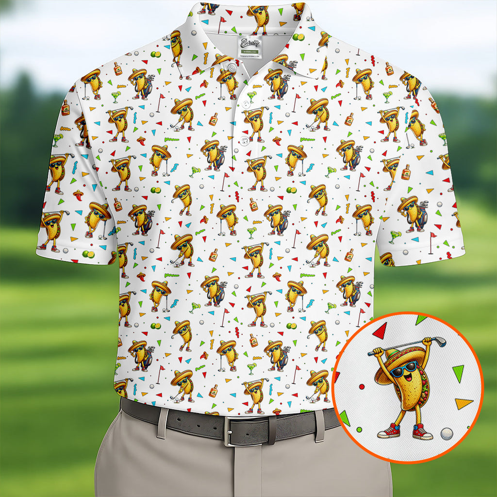 Fairway Fiesta Taco Margarita Mexico Theme White Golf Shirt, Men's Golf Shirts, Polo Shirts For Men