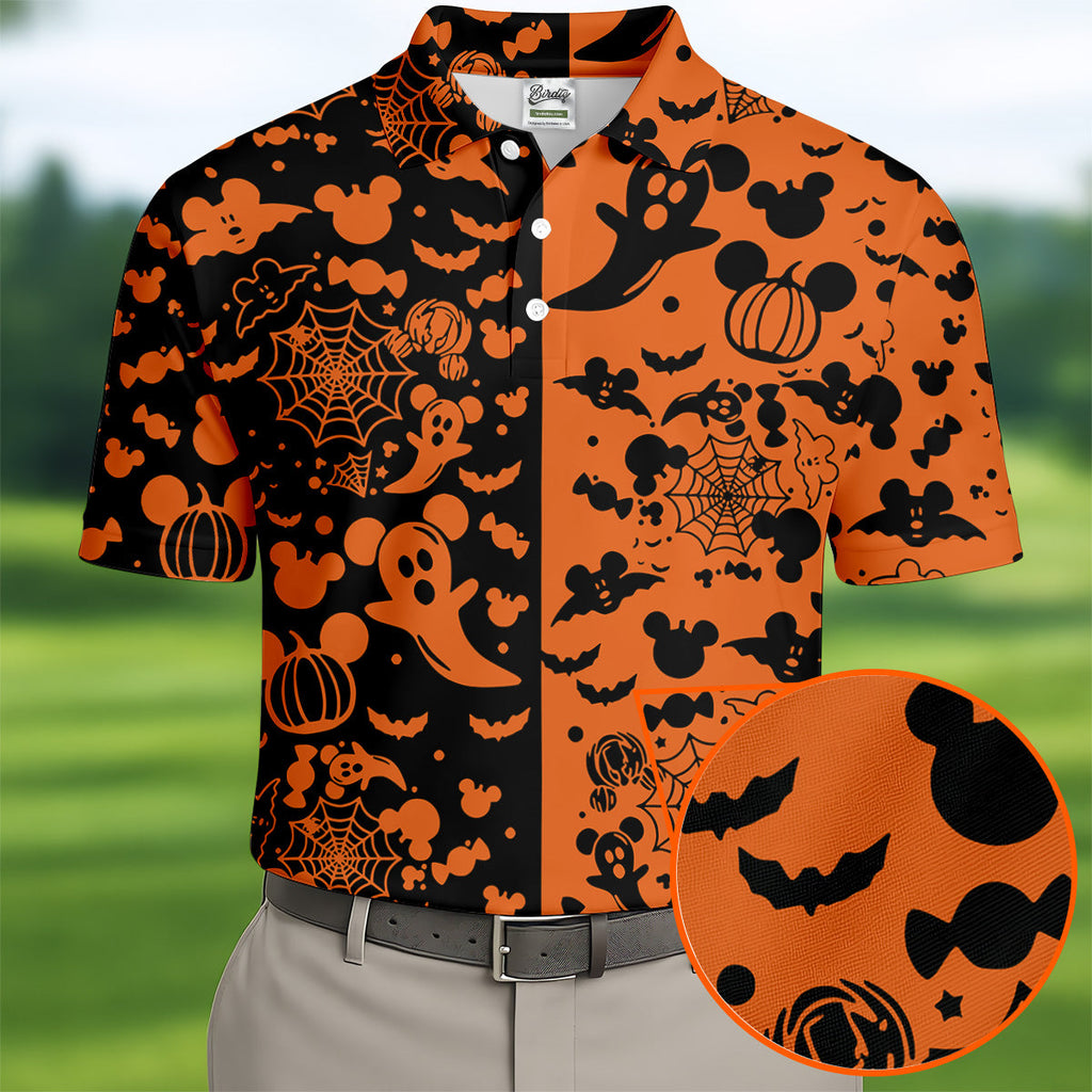 Cute Animated Ghost Black And Orange Halloween Golf Shirt, Fun Golf Shirts For Men, Polo Shirts For Men