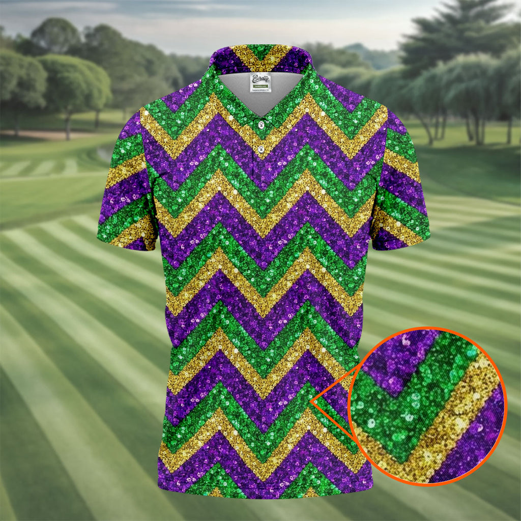 Mardi Gras Purple Gold Green Zigzag Pattern Glitter Print Golf Tops For Men, Polo Shirts For Men, Golf Shirts For Men