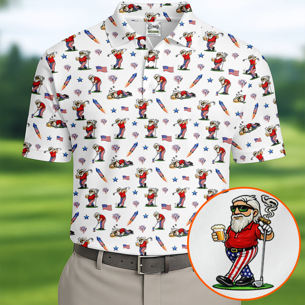 4th Of July Funny Man Golf And Beer USA Polo ShirtPatriotic Golf Shirt, 250th Anniversary Golf Shirts For Men