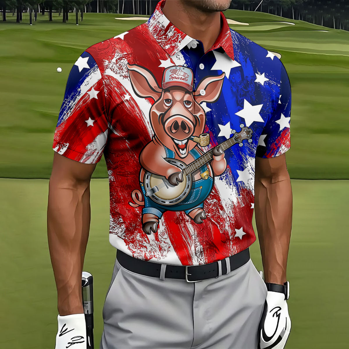 Patriotic American Flag Brush Strokes Funny BBQ 250th Anniversary Polo Shirts For Men, Golf Shirts For Men