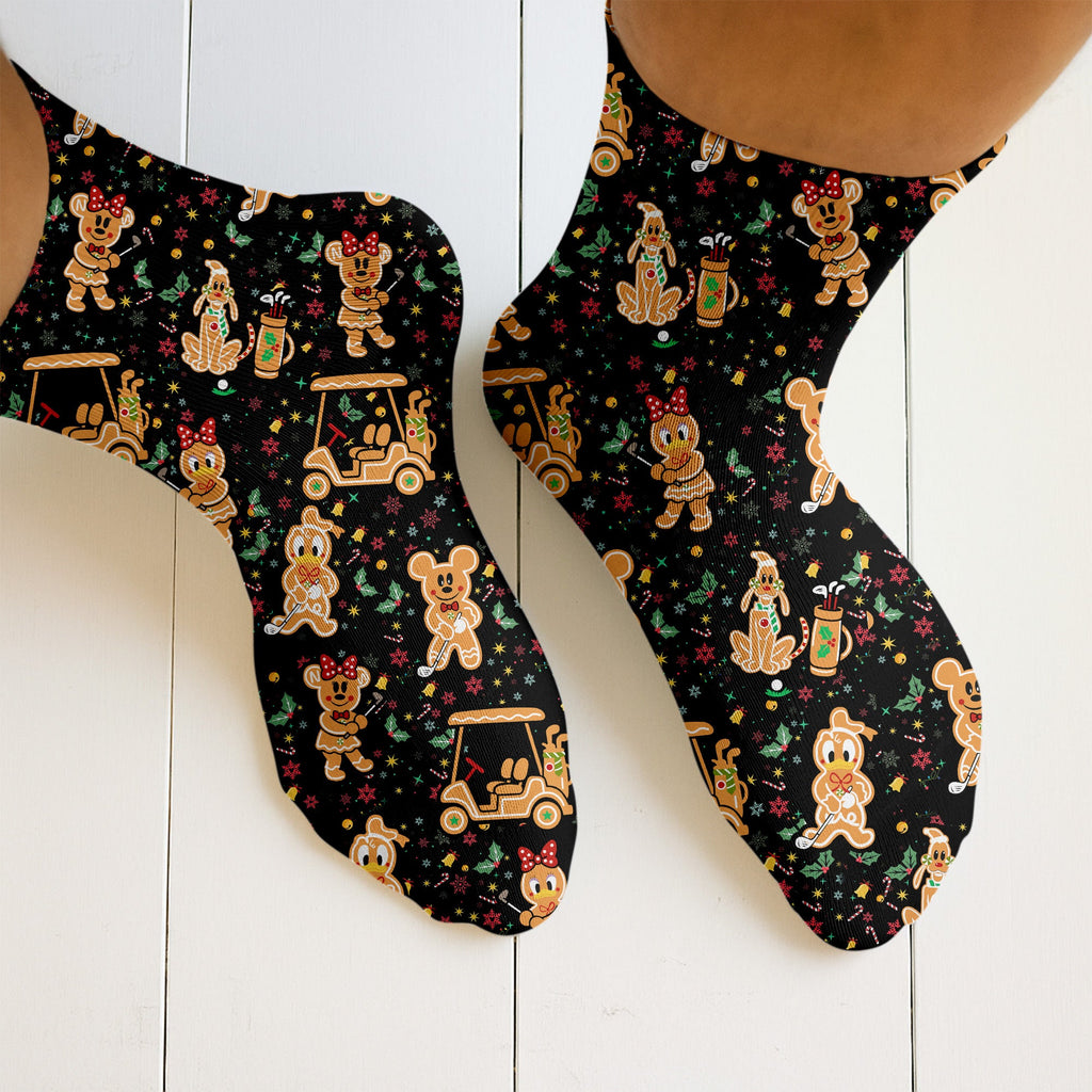 Cartoon Gingerbread Black Golf Socks, Funny Golf Socks, Christmas Golf Gift, Golf Accessory