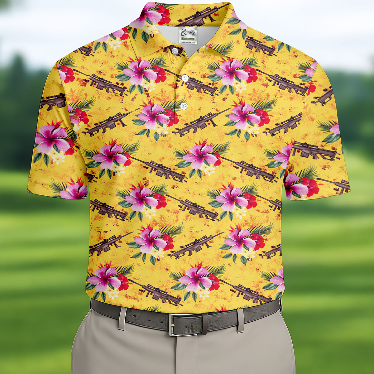 Floral Pattern Army Theme Hawaiian Yellow Golf Shirt, Men's Golf Polo Shirts, Golf Shirts For Men