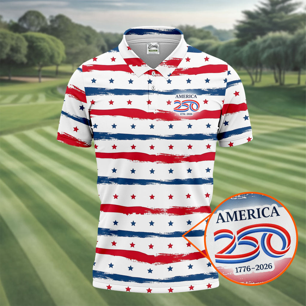America 250 Red White Blue Stars And Stripes Golf Tops For Men, Patriotic 4th Of July Golf Shirts For Men