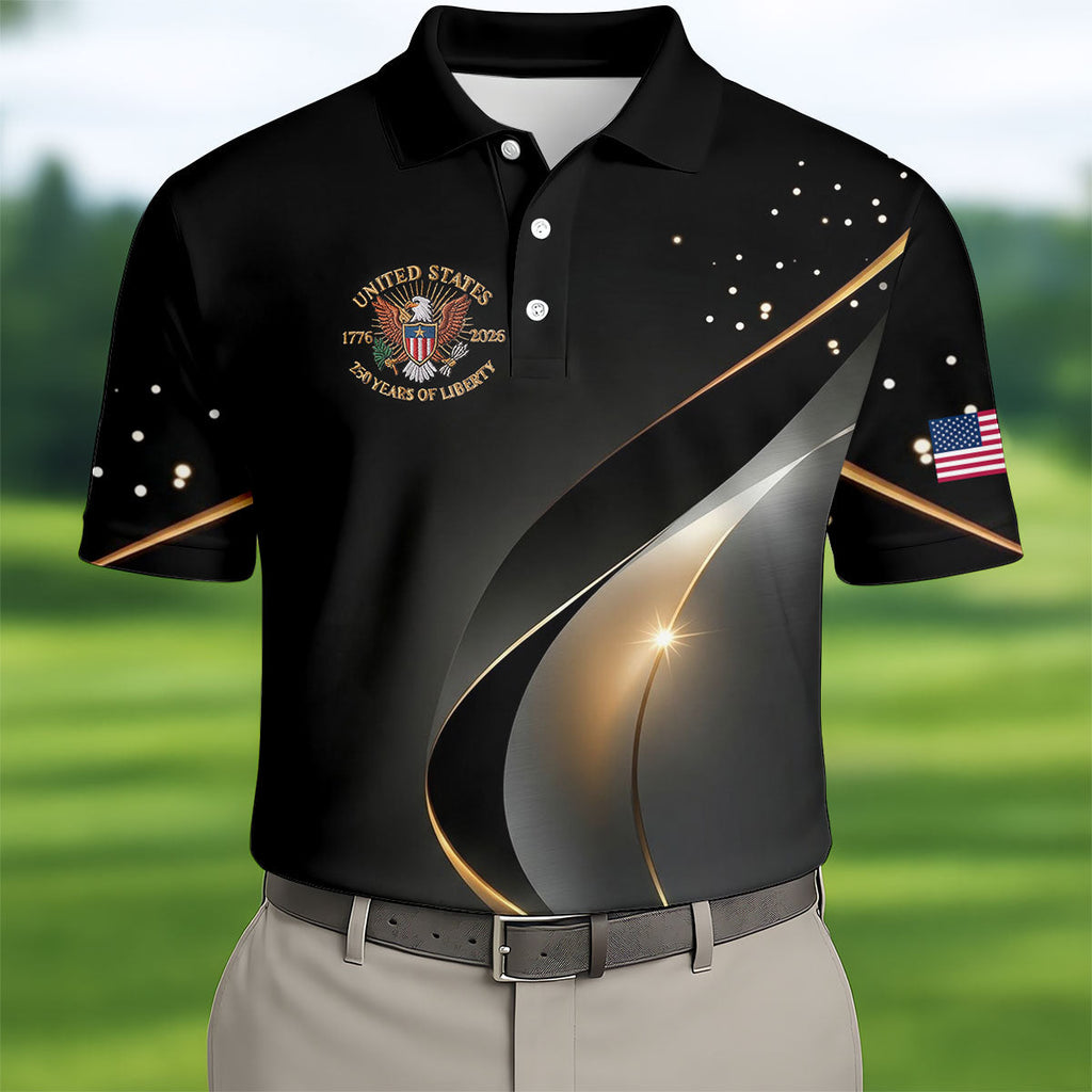 US 250 Years Of Liberty American Flag And Bald Eagle Black Golf Shirt, Patriotic 4th Of July Golf Shirts For Men