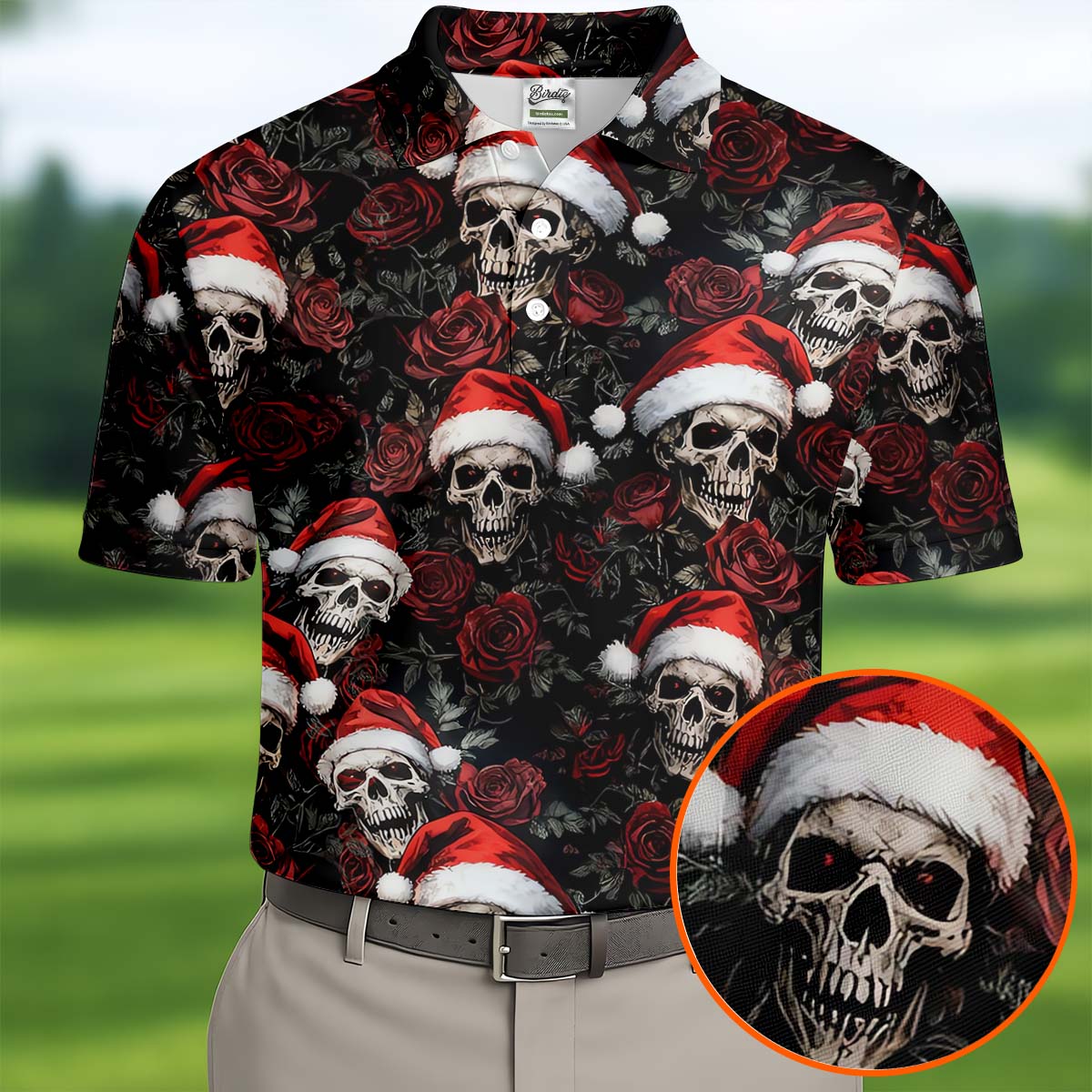 Vintage Skull And Roses Christmas Golf Shirt, Cool Golf Outfit, Polo Shirts For Men, Golf Shirts For Men