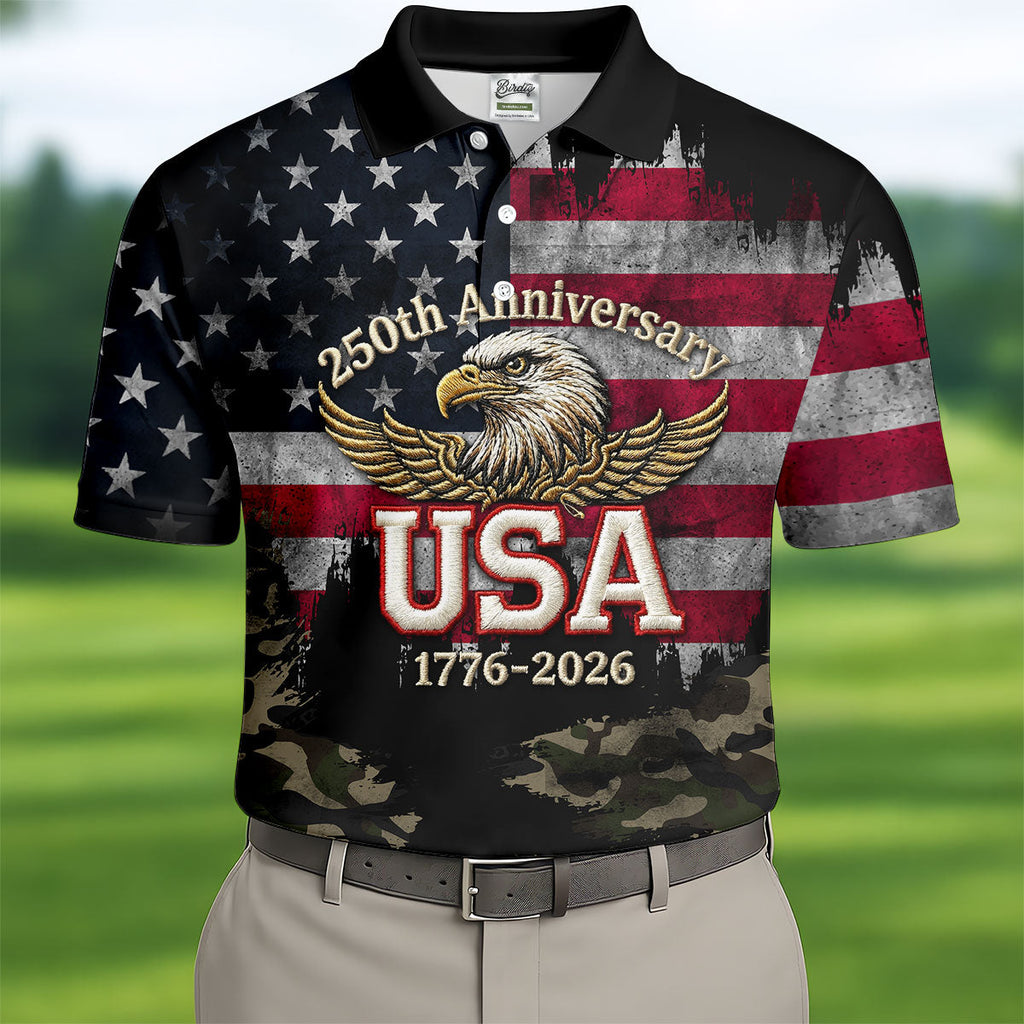 250th Anniversary Camo Golf Shirt, Distressed US Flag Patriotic 4th Of July Golf Shirts For Men