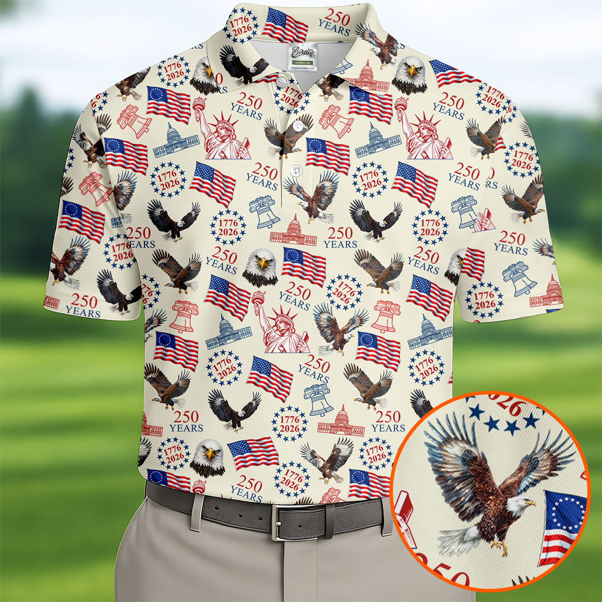 250 Years American Symbol Patriotic Pattern Beige Golf Shirt, 4th Of July Golf Shirt, Golf Shirts For Men