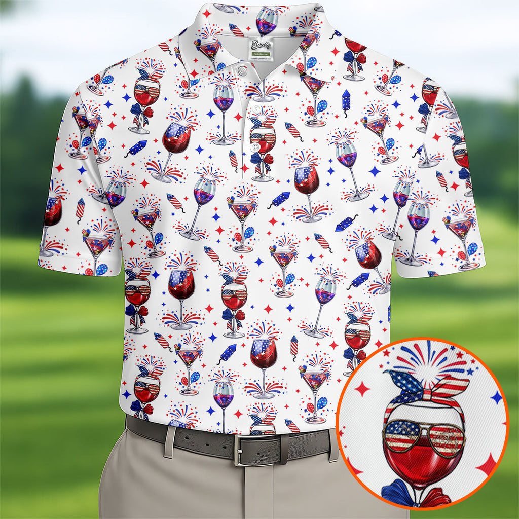 Wine And Martini American Flag Pattern Patriotic 4th Of July White Golf Shirt, 250th Anniversary Golf Shirts For Men