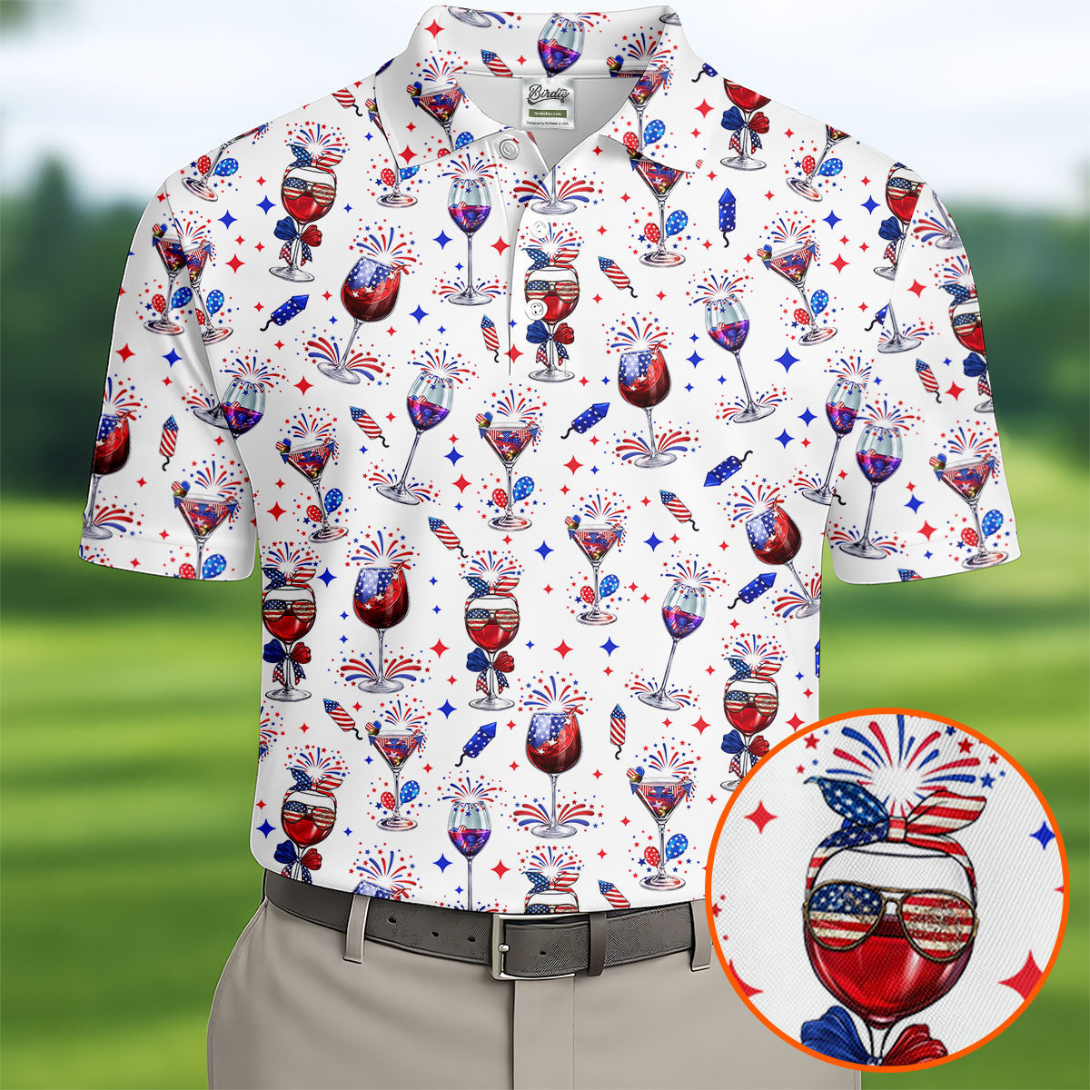 Wine And Martini American Flag Pattern Patriotic 4th Of July White Golf Shirt, 250th Anniversary Golf Shirts For Men